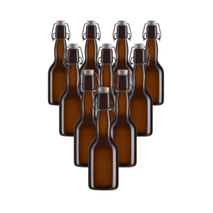 Set van 10 beugelflessen 330ml van donkerbruin glas met beugelsluiting.